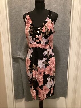 C44. Black Midi Dress with Coral and cream Floral Velvet Detailing
